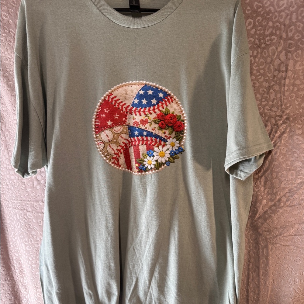 Gildan Sage Green Tee with Patriotic Baseball Patch